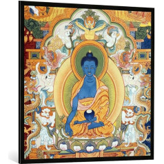 Ierāmēta Nepālas skolas Medicīnas Budas / Nepālas Thangka mākslas drukas augstas kvalitātes roku darbs 100 x 100 cm matēts melns rāmis