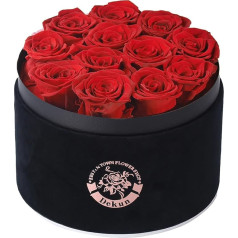 Dekun Rose Box Round Eternal Rose Box - 12 saglabātas rozes sarkanas kastē izturīgas 1-3 gadus - dāvanas mātei draudzenei sievai sievai vecmāmiņai; Dzimšanas diena Valentīna diena Mūžīgais zieds (melna kaste un sarkana roze)