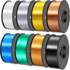 SUNLU PLA+ zīda 3D printera filaments, zīda PLA+ filaments, 1,75 mm, 250 g spole, 8 ruļļi (melns, balts, gaiši zelta, sudraba, misiņa, sarkans vara, zils un zaļš)