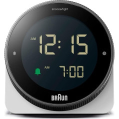 Braun digitālais modinātājs ar laika atlikšanas funkciju, negatīvu LCD displeju, rotējošu apmali ātrai laika iestatīšanai, Crescendo skaņas signālu, balts, modelis BC24W