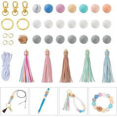 Cheriswelry 111 gabali Silikona pērlītes Atslēgu ķēdīte Bulk Kit 15mm apaļas silikona pērlītes Gumijas pērlītes Koka astoņstūra pērlītes ar caurumu DIY rokassprādžu rotaslietu izgatavošanai