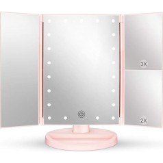 deweisn Tri-Fold Illuminated Cosmetic Mirror with 21 LED Lights, Cosmetic Mirror with Two Power Modes Table Makeup Mirror for Travel (Pink)