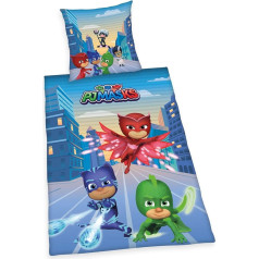 PJ Masks gultasveļa, spilvendrāna apm. 80 x 80 cm, segas pārvalks apm. 135 x 200 cm, ar gludu firmas rāvējslēdzēju, 100% kokvilna, Renforcé