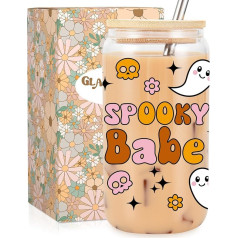 Fairy's Gift Halloween Scary Mug, Cute Ghost Glass Mug ar vāku un salmiņu, Scary Babe & Ghost Skull Halloween Mug, Creepy Ice Coffee Mug - Halloween dāvanas