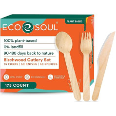 ECO SOUL 100% kompostējamu vienreizlietojamo koka galda piederumu komplekts (175 gabali (75 dakšas, 50 karotes, 50 naži))