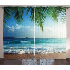 ABAKUHAUS Ocean Rustic Palms Tropical Island aizkars guļamistabai ar rullīšiem un āķīšiem, 280 x 260 cm, zaļi zils