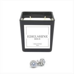 EDELSHINE Liela sojas vaska aromātiskā svece stiklā, vaniļas krāsā, ar elegantu klasisku rotaslietu no 925 sudraba, 450 g, degšanas laiks 80 - 100 stundas, roku darbs, ražota Vācijā (Auskari)