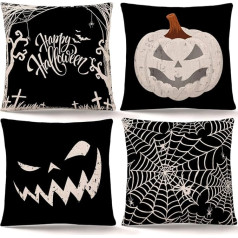 Whaline 4 gabali Happy Halloween Cushion Cover Pumpkin Spider Web Cushion Cover Black Linen Cushion Covers for Home Office Halloween Sofa Bed Decoration (46 x 46 cm)