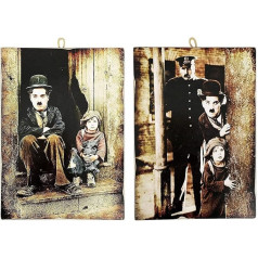 KUSTOM ART Charlie Chaplin 2 Vintage stila bildes, Ladri di Bicycle Print on Wood, 18 x 25 cm, restorāniem, picērijām, bāriem, viesnīcām