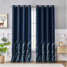 Melodieux Flower Embroidery Faux Linen Blackout aizkari dzīvojamā istaba guļamistaba troksnis Grommet Logu aizkars, Navy/Blue, 52 līdz 96 collas (1 panelis)