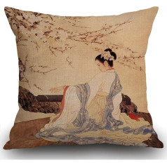 Smooffly Ancient Chinese Beauty Girl Under Plum Blossom and Lemer Cushion Covers - mīksts lina spilvena pārvalks dekoratīvai guļamistabai Dzīvojamā istaba Dīvāns Lauku sēta - Throw Pillow Cover