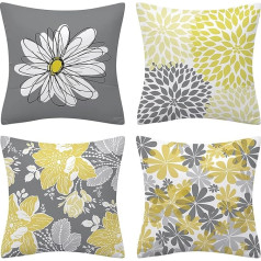 Fullfun Dzeltens ziedu raksts spilvenu pārvalki dīvāna dīvānam divpusēji pelēki ziedi 4 Pack Square Daisy Cushion Cover for Living Room Bedroom 40x40cm