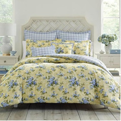 Laura Ashley Home - Karaliska izmēra kokvilnas divpusējs sega pārklāja komplekts ar atbilstošiem spilvendrānu pārvalkiem, kā arī bonusa Euro spilvendrānas un metamie spilveni (Cassidy Yellow, King)