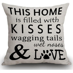 Smooffly Cushion Cover 45 x 45 cm, This Home is Filled with Kisses Wagging Tail Wet Nose Love Dog Paws Cushion Cover Kokvilnas un lina spilvenu pārvalks Spilvenu pārvalki dīvāna āra dārza gultas dīvānam