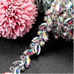 BBTO Bling Rhinestone Chain Trim Applique Crystal Flower Leaf Chain Sewing Trim Craft Bridal Costume Embellishment Chain Trim for Jewellery DIY Necklace Bags Wedding Parties (AB, 2,7 m)