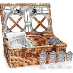 4 Person Wicker Wicker Picnic Basket with Cool Bag, Handmade Large Wicker Picnic Set with Utensils Cutlery - Perfect for Picnic, Camping or Any Other Outdoor Event