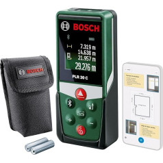 Bosch lāzermērs PLR 30 C (ar App funkciju, mērīšanas diapazons: 0,05 - 30 m, precizitāte: ± 2 mm, kartona kastē).