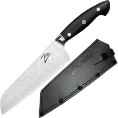 Zelite Damaskas nažu komplekts, ass Santoku nazis, 7 collu virtuves nazis, japāņu nazis mājsaimniecībai un gastronomijai, profesionāls ass nazis, Damaskas pavāra nazis, Damaskas nazis ar ādas futrāli un mozaīku