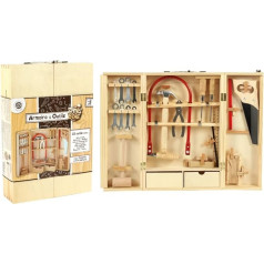 PLANÈTE BOIS - Holzwerkzeugkasten mit echten Werkzeugen - FSC - 098927-25 Teile - Beige - Holz - Kinderspiel - Montessori - Motorik - Basteln - 26 cm x 40 cm - Ab 8 Jahren