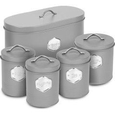 HEFTMAN Grey Kitchen Canister Set - Stylish 5 Piece Kitchen Storage Canister Set for Bread, Cookies, Sugar, Coffee, Tea