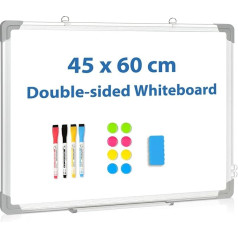 DOLLAR BOSS Magnetic Whiteboard, A2 Double Sided 45 x 60 cm, Hanging Whiteboard for Wall Dry Erase Whiteboard, Writing Board for School, Home, Office, Memo, 4 Pens, 6 Magnets