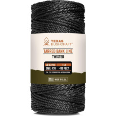 Texas Bushcraft Tarred Bank Line Twisted Twine - # 36 melna neilona aukla makšķerēšanai, kempingam un izdzīvošanai brīvā dabā - stipra, laikapstākļiem izturīga banklīnes virve trosēm un jūras vītnēm...