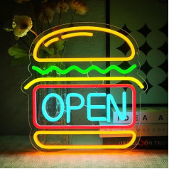 OYCGZV Neon Open Sign LED Hamburger Neon Sign Wall Burger Open Neon Sign Open LED Sign for Hamburger Shop Burger Shop Fast Food Shop Business Kitchen Bar Restaurant Shop Club Store Hotel