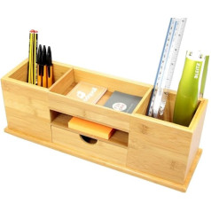 Woodquail Desk Organiser with Drawer, Pen Holder, 5 Compartments, Natural Bamboo