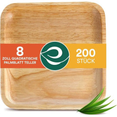 Eco Soul 100% kompostējami 20 cm kvadrātveida palmu lapu šķīvji, augstas kvalitātes palmu lapu trauki, izturīgi, vienreizlietojami, bioloģiski, bambusam līdzīgi šķīvji, 200 gab. iepakojumā