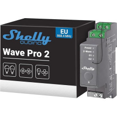 Shelly Qubino Wave Pro 2 Professional 2-kanālu DIN sliedes Z-Wave viedslēdzis ar bezpotenciālisma kontaktiem Mājas automatizācijas Z-Wave vārtejs Nepieciešams paplašināts bezvadu diapazons