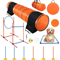 YGORTECH Agility-Trainingsgerät für Hunde, Hinderniskurs, Starter-Set, Haustier-Outdoor-Spiele mit Tunnel, Webstangen, verstellbarer Hürde, Sprungring, Pausenbox, Spielzeug und Tragetasche