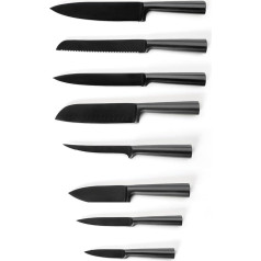 Qdesign - 8 nerūsējošā tērauda nažu komplekts - naži ēdiena gatavošanai, maizei, aukstajiem izcirtņiem, atkaulošanas naži, Santoku naži - augļiem un dārzeņiem, birojam, maziem virtuves nažiem - matēti melni