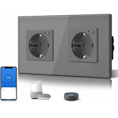 BSEED Schuko Wifi dubultā kontaktligzda ar enerģijas monitoringu, 16 A, viedā Alexa, lietotnes vadība darbojas ar Alexa/Google Home, mēra enerģijas patēriņu, grafikus, taimeri, tikai 2,4 GHz, pelēkā krāsā