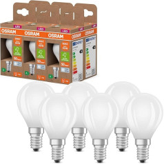 OSRAM Energy Class Classic Mini lodveida LED lampa, 3,8 W / 806 lūmeni, A enerģijas klase, vēsā baltā gaisma (4000K), CRI 80, matēts bezsvina stikls, E14 uzgaļi, IP20, 45 mm diametrs, 6 gab. iepakojumā