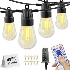 Voneta āra pasaku gaisma, 15 m silti balta terases gaisma ar tālvadības pulti, S14 dimmable LED Hanging Lights, ūdensizturīgs IP65 āra apgaismojums dārzam, pagalmam, lieveņiem