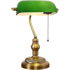 LANMOU Bankera lampa Zaļa galda lampa Retro zaļa galda lampa Vintage ar ķēdes slēdzi, bankera lampas abažūrs no stikla, misiņa apdare, E27 ligzda