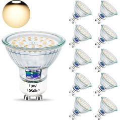 Unikcst GU10 LED Warm White 10 W spuldzes aizstāj 100 W halogēnās spuldzes 3000 K pamatnes stikla 1050 LM spilgtas LED spuldzes 230 V staru leņķis 120° LED starmeši, bez regulējamās gaismas intensitātes Pack of 10