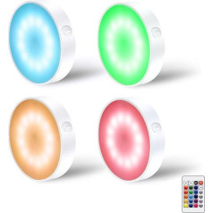 LAVAED 4 Pack RGB+W 16 krāsu maiņas Puck Lights ar tālvadības pulti, 12 LED dimmable kabineta apgaismojums, 600mAh, USB uzlādējams vitrīnas apgaismojums, Ziemassvētku apgaismojums