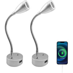 WMYYLX 2 izlases lampu komplekts, 12 V LED lasīšanas lampa, sienas gaisma, 3 W dimmējama RV lasīšanas lampa ar USB uzlādes portu, 360° elastīgs Gooseneck kempinga, kempera, autofurgona, treilera, laivas (sudraba)