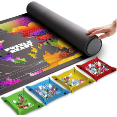 Puzzle Ready Roll Up Puzzle Mat - 46 x 29,5 collu mīklu paklājs, pārnēsājams, līdz 1500 puzlēm, 4 mīklu šķirošanas paplātes, uzglabāšanas soma, putuplasta rullītis, 3 Velcro siksnas