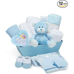 Baby Box Shop Baby Shower Gift Boy - 12 bērnu dāvanu komplekts, bērnu dāvanu grozs dāvanas jaundzimušajiem zēniem, jaundzimušo dāvanu zēns, bērnu zēna dāvana, bērnu grozs jaundzimušajiem - zils