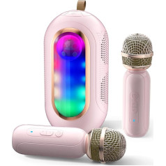 ICARERSPACE karaoke mašīna ar 2 bezvadu mikrofoniem, pārnēsājama Bluetooth karaoke ar 5 dažādiem skaņas un gaismas efektiem, karaoke mašīna bērniem vai pieaugušajiem - rozā krāsā