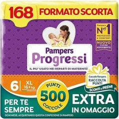 Pampers Progressi XL, 6. izmērs (16+ kg), 168 autiņbiksītes, ietilpst 500 papildu 