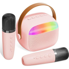 Pārnēsājama Bluetooth karaoke iekārta ar diviem bezvadu mikrofoniem, LED ballīšu gaismām un balss maiņas efektiem pieaugušajiem un bērniem, ideāli piemērota ballītēm mājās, piknikiem un citiem pasākumiem.