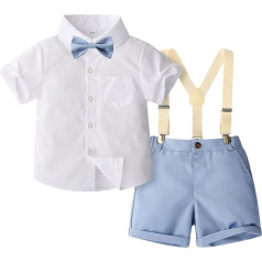 Fldy Baby Boys' Outfit, Summer Festive Suit, Gentleman Shirt, Short Sleeve with Bow Tie, Braces, Shorts Set, Wedding, Christening, Formal Clothing