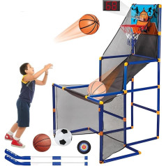 Basketbola spēļu komplekts ar tablo un skaņas efektu, 93 x 90 x 141 cm, basketbola grozs ārā, basketbola spēle 2 spēlētājiem, ieskaitot 1 hokejistu, 2 basketbolistus, 1 futbolistu, 2 futbolistus, 2 spēlētājus