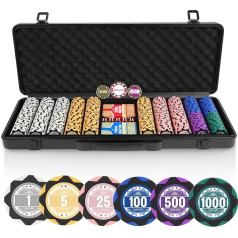 ORIENGEAR 500 dalių profesionalus pokerio rinkinys su 14 gramų sunumeruotais molio žetonais, Texas Hold'em kazino žetonų rinkiniai su raktais ir 2 kortų kaladėmis, skirtomis Blackjack žaidimams