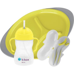 b.box Feeding Set | Silicone Divided Plate, Sippy Cup and 2 Soft Spoons, Help Self Feeding, Adjustable Bib, Easy to Clean, Lemon Pea