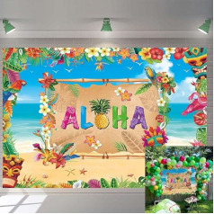 Aloha Hawaiian Backdrop Banner Summer Luau Beach Party Photography Backdrop Tropical Palm Leaves Flamingo Tiki Theme Birthday Party Decoration Backdrop (0.9x70 collu)