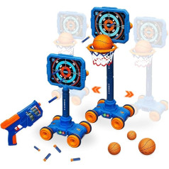 KalaDuck 2 in 1 basketbola ripa āra bērniem un šaušanas spēles, regulējams augstums, basketbola ripa statīvs istabai, pārvietojams mērķis ar rotaļu pistoli, dāvana zēniem, meitenēm 6 8 gadi